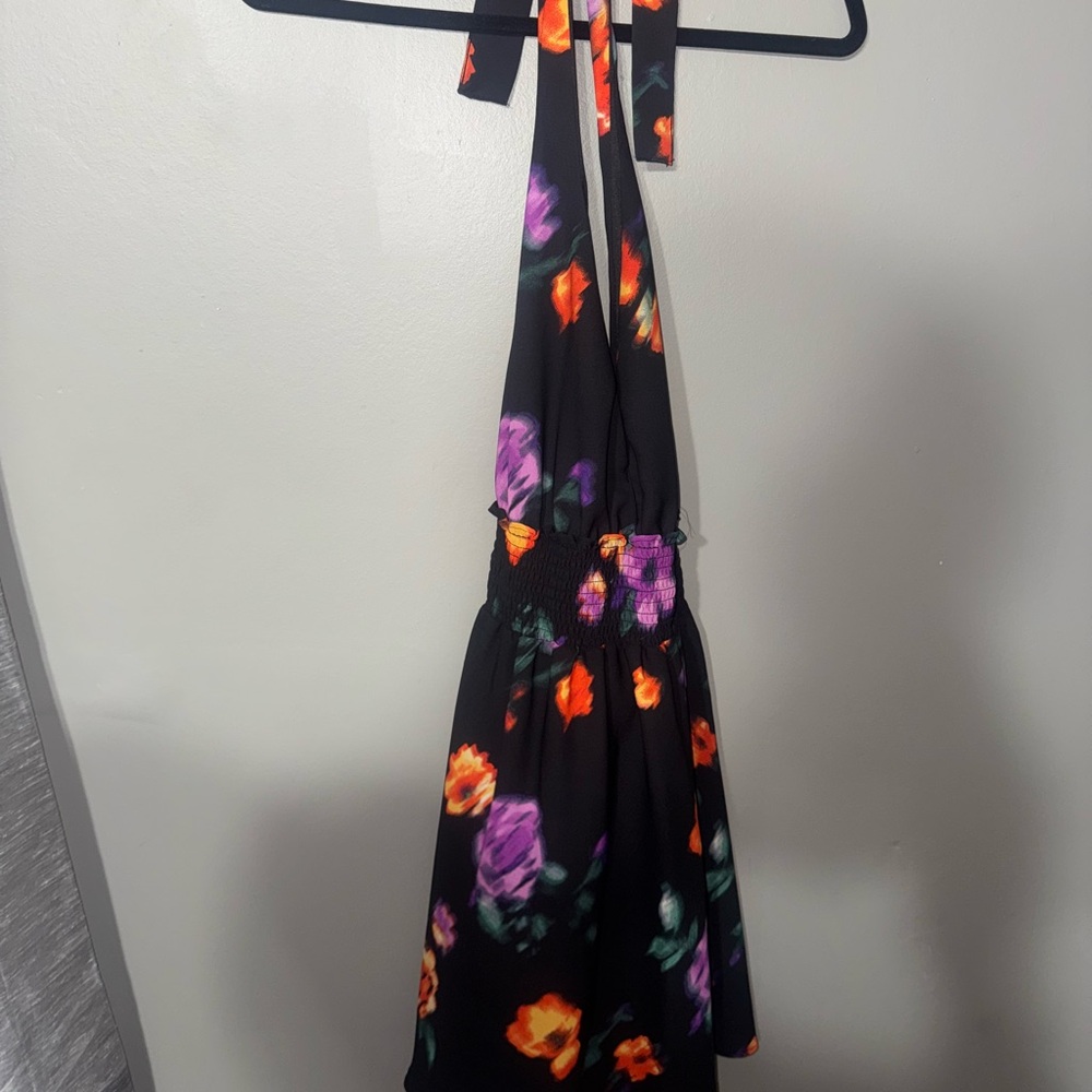 Floral Halter Dress - Black with Purple and Orange Accents